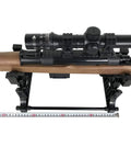 Portable Rifle And Handgun Display And Cleaning Stand For Airguns holding wooden rifle, side view, on table mount.