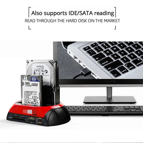 All In One Hdd Docking Station With Usb 3.0 And Esata Connectivity For 2.5 And 3.5 Inch Drives with two drives mounted and a computer setup.