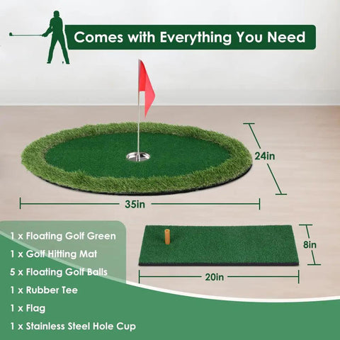 Floating Pool Golf Green Chipping and Putting Mat with 35x24 in foldable green and 20x8 in mat for poolside practice.