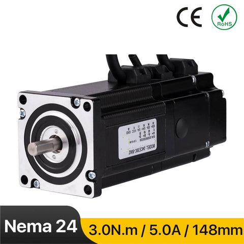 Front view of black NEMA 24 closed-loop stepper motor with brake, silver mounting face and protruding shaft.