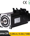 Front-left view of a black Nema 24 closed-loop stepper motor with a silver front faceplate and shaft