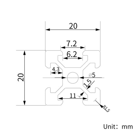Built Tough 12 Piece 2020 T Slot Aluminum Extrusion Profile Kit 800mm technical drawing with dimensions in mm.