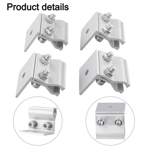 Beefy Aluminum Solar Mounting Clamps 4 Pack Fully Pre Assembled With Stainless Steel Screws And Washers, showing clamps from different angles.