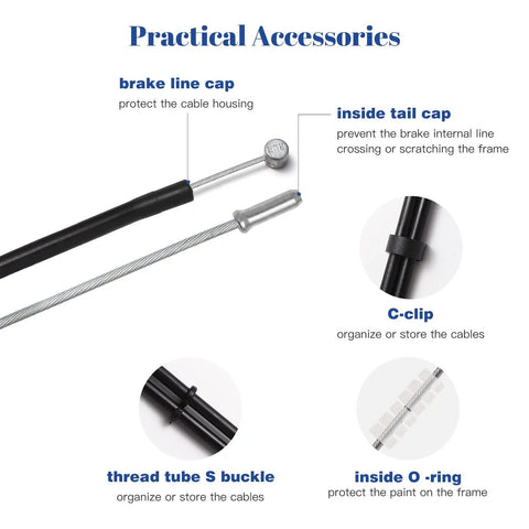 Image showing parts of Bike Brake Cable Housing Kit With Complete 5mm Brake Line Set 2.5m, including caps and clips.