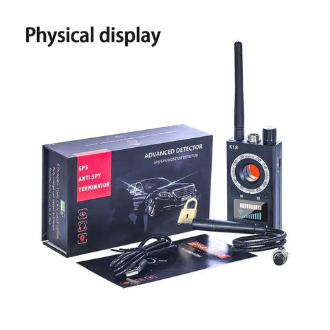 All In One Spy Detector Kit With 10 Level Sensitivity And 5 Detection Modes For Hidden Cameras, Listening Devices, GPS And RF Signals, Electronic Sweeper With 48 Hour Battery Life For Home, Office, Hotels Or Cars Privacy Checks, black handheld device with antenna and box