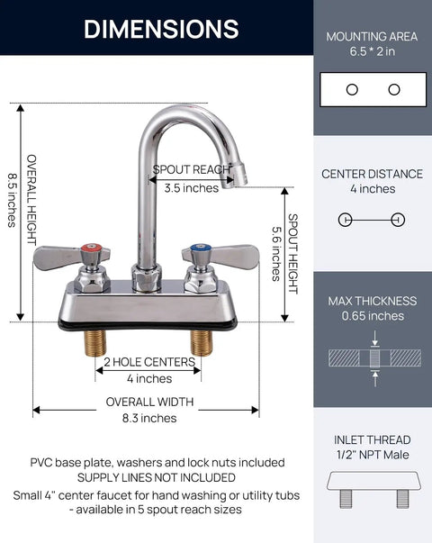 Dimensions of Heavy Duty Commercial Gooseneck Faucet Deck Mount Two Handle Solid Brass Build Chrome Finish Rust Resistant Kitchen Bath Sink Fixture.