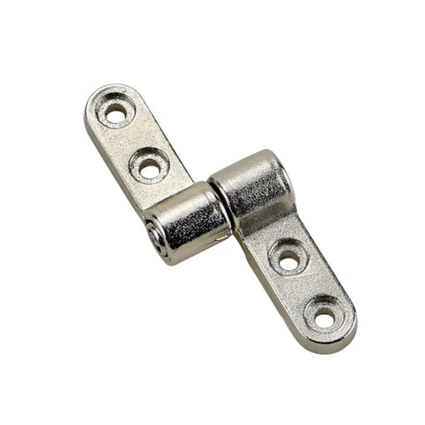 Close-up of small damping hinge with adjustable torque shaft, 360-degree flip, chrome finish, two mounting plates