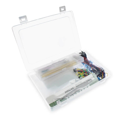 Double Sided PCB Board Kit With 4 Sizes And 365Pcs Pack, shown in an open box with headers and wires for Arduino projects.