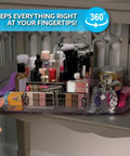 Smart Spin Rotating Refrigerator Organizer Lazy Susan with cosmetics on clear tray in cabinet