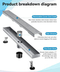 Diagram of Linear Shower Drain 12 Inch With Brushed Nickel Finish 304 Stainless Steel Floor Drain, showing removable grate and parts