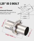 Beefy 3 Bolt Exhaust Flange Repair Kit With 304 Stainless Steel Pipes Gaskets And Hardware For Quick Fix On 2.25 Inch Universal Cars And Trucks Drop In Ready Setup No Sweat Repairs Smooth Roll Guarantee And Super Tough Build showing 2.25 inch ID and dimensions for universal fitment.