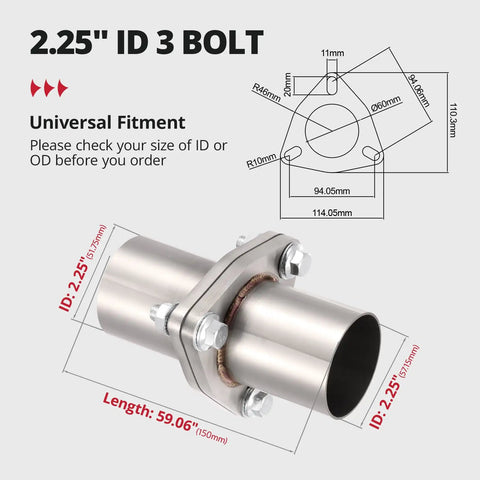 Beefy 3 Bolt Exhaust Flange Repair Kit With 304 Stainless Steel Pipes Gaskets And Hardware For Quick Fix On 2.25 Inch Universal Cars And Trucks Drop In Ready Setup No Sweat Repairs Smooth Roll Guarantee And Super Tough Build showing 2.25 inch ID and dimensions for universal fitment.