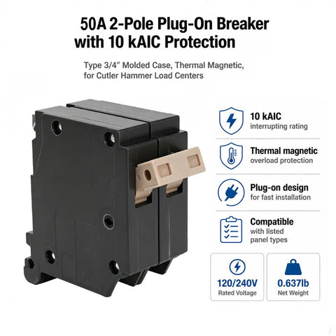 Slick Heavy Duty 2 Pole 50 Amp Circuit Breaker Replacement For Home Load Center Panels Plug And Play Electrical Module Swap Straightforward Rock Solid Thermal Magnetic 10 Kaic shown with specifications.