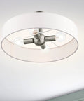 4 Light Brushed Nickel Semi Flush Mount Ceiling Fixture With Off White Fabric Hardback Shade, Venlo Collection, bulbs visible