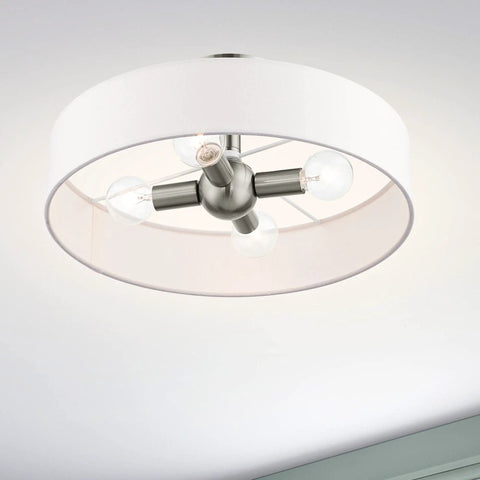 4 Light Brushed Nickel Semi Flush Mount Ceiling Fixture With Off White Fabric Hardback Shade, Venlo Collection, bulbs visible