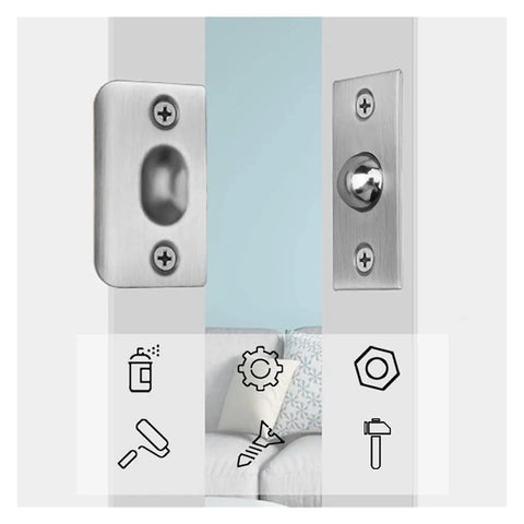 12pc Invisible Wooden Cabinet Door Catch Ball Latch Kit With Elastic Adjustable Spring Bead Mechanism For Closet Lock Install Hide Screws And Punching Tools Seamlessly, shown mounted on cabinet.