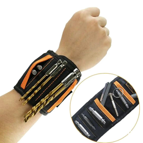 Magnetic Wristband For Holding Screws Nails Drill Bits Bolts And Small Tools Breathable Mesh Arm Band With Strong Magnets Ideal For Construction DIY Mechanics Roofers And Handy Men And Women on wrist with drill bits