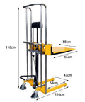 Pro Grade Heavy Duty Hydraulic Pallet Jack Stacker with Removable Cover Plate, dimensions 116cm height, steel, for warehouse use.