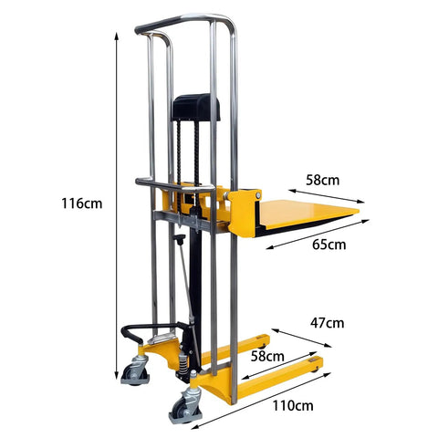 Pro Grade Heavy Duty Hydraulic Pallet Jack Stacker with Removable Cover Plate, dimensions 116cm height, steel, for warehouse use.