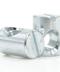 Top Tier Replacement Cross Dowel Barrel Nuts Compatible With Ikea Part 100514 For Crib And Bunk Bed Frames close-up view of zinc plated steel nuts