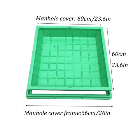 Beefy PP Recessed Sewage Basin Cover With Frame And Pull Hole, green, 60cm size, shown with frame, waterproof for yard drainage.
