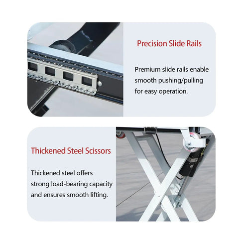 Precision slide rails and thickened steel scissors of Heavy Duty Battery Powered Hydraulic Lift Table With Slide Rails For Trucks And Garages Offers 1100 Lb Capacity Zero Assembly Needed For Solo Workers To Load Cargo Safely And Effortlessly With Instant Electric Power And Comfort.