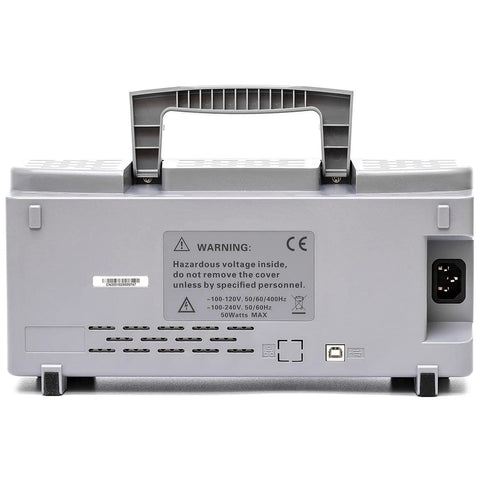 Back view of 2 In 1 Oscilloscope And Arbitrary Waveform Generator with handles, warning label, and power input, gray color
