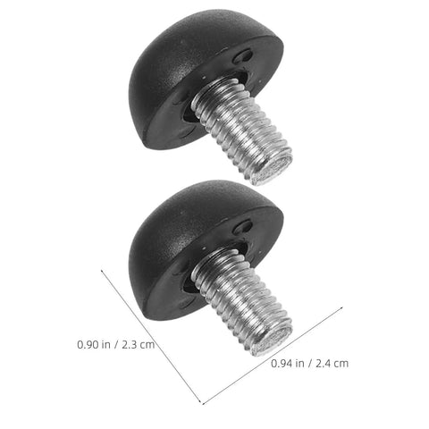 Close-up of Heavy Duty M8 Adjustable Furniture Leveling Feet With Screw-In Legs, plastic tops, metal threads, measurements shown