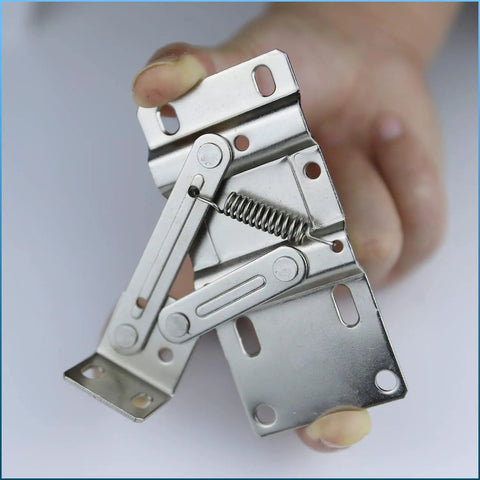 Heavy Duty Steel Tip Out Tray Hinges For 45 Degree Cabinet Drawer Pullouts Featuring Rock Solid Scissor Hardware With Brushed Nickel Finish in hand.