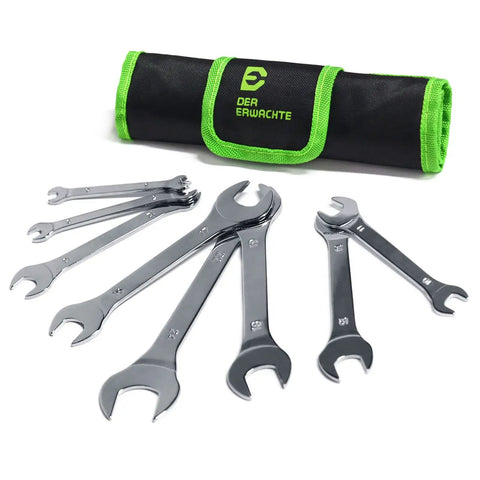 Slim Open End Wrench Set Metric 8 Piece With Sizes 6 7 8 9 10 11 12 13 14 15 16 17 18 19 22 24 Mm, Chrome Plated Carbon Steel, High Strength, Includes Rolling Pouch