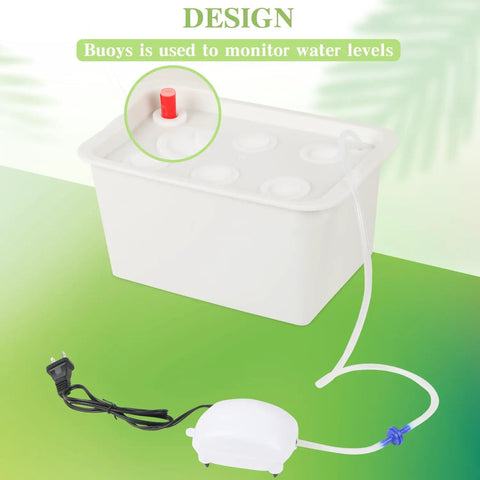 DIY Indoor Hydroponics Grow Kit With Self Watering System, white PVC-U planting box with red buoy and air pump on green backdrop.
