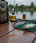 Stainless Steel Baiting Needle Tool With Nonslip Wood Handle For Threading Worms And Hooks Keeps Your Hands Safe And Goes Handy For Outdoor Carp And Lake Fishing Rig Work, on wooden dock