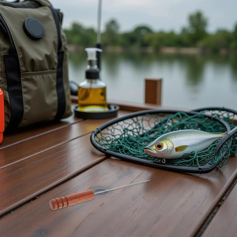 Stainless Steel Baiting Needle Tool With Nonslip Wood Handle For Threading Worms And Hooks Keeps Your Hands Safe And Goes Handy For Outdoor Carp And Lake Fishing Rig Work, on wooden dock
