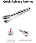 Quick-release ratchet with ultra-compact head, part of Your Go-To 1/4 Inch Drive 12 Point Socket And Ratchet Set With Rails And Trays, 57 Piece.