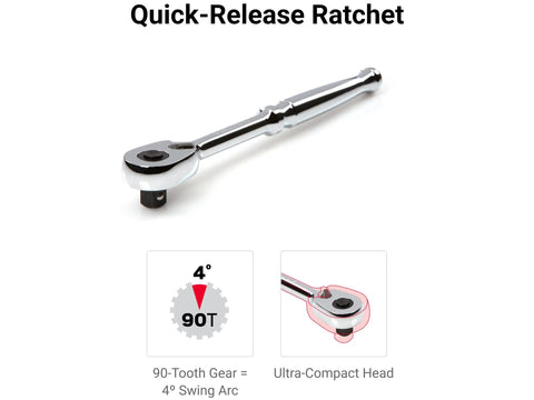 Quick-release ratchet from 74 Piece 3/8 Inch Drive Socket And Ratchet Set With Rails And Trays Includes 1/4 To 1 Inch Standard And Deep 6-Point Inch And Metric Sockets Great For Auto Repairs DIY Projects And Everyday Home Maintenance