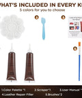 Leather Repair Kit For Furniture And Car Interiors Quick Restore No Heat Required For Couches Seats Shoes Real And Faux Leather Vinyl And PU Scratches Tears Peeling Burns Fading - kit contents with color palette, scraper, user manual, filler, and brushes.
