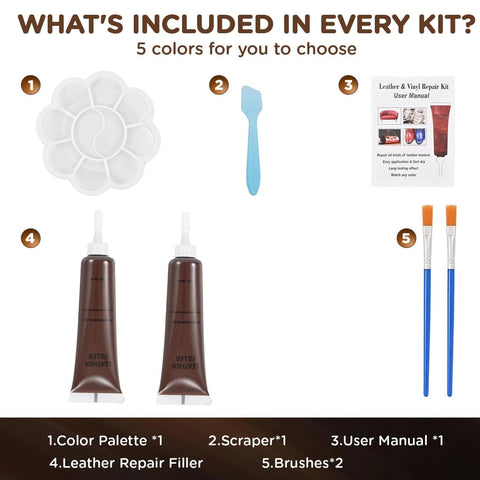 Leather Repair Kit For Furniture And Car Interiors Quick Restore No Heat Required For Couches Seats Shoes Real And Faux Leather Vinyl And PU Scratches Tears Peeling Burns Fading - kit contents with color palette, scraper, user manual, filler, and brushes.