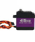 Heavy Duty Forty Five Kilogram Digital Servo With Coreless Motor And Metal Gears For Knockout Torque, front view, purple and black design.