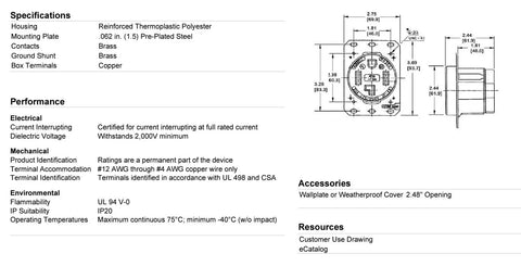 Technical specifications and dimensions of the 9450A Straight Blade Device Receptacle RTP Industrial Grade 3-Pole 4-Wire Grounding 50A 125/250V 14-50R.