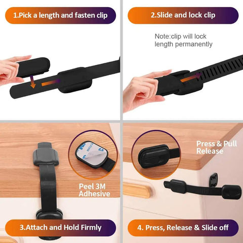 Steps to install Six Pack Baby Proof Cabinet Locks With 3M Adhesive No Drilling Adjustable Child Safety Straps for cabinets.