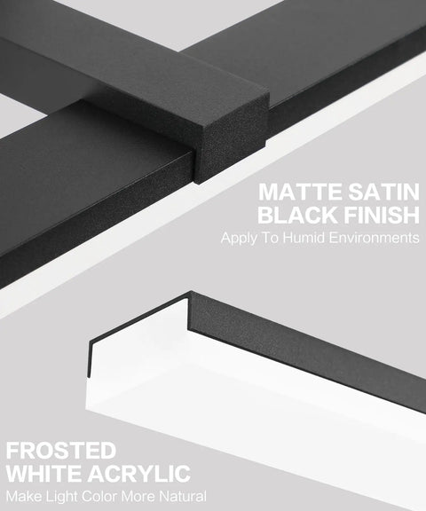 Close-up of matte black metal and frosted acrylic parts of Sleek 18 Inch Black LED Vanity Light For Your Bathroom Over Mirror Dimmable Modern Fixture Matte Black Metal With Acrylic Diffuser Perfect For Powder Room And Easy Install