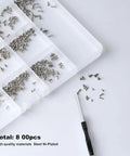 Electronics Micro Screws Kit With 800 Pieces Pro Grade Nickel Plated Carbon Steel Phillips Pan Head Self Tapping Machine Screws For Electronics Repair In Small Size Range M1 M1.2 M1.4 M1.6 M1.7, showing screws and tool in a tray.