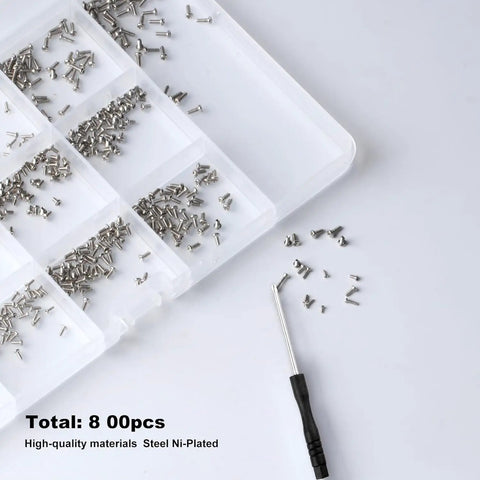 Electronics Micro Screws Kit With 800 Pieces Pro Grade Nickel Plated Carbon Steel Phillips Pan Head Self Tapping Machine Screws For Electronics Repair In Small Size Range M1 M1.2 M1.4 M1.6 M1.7, showing screws and tool in a tray.