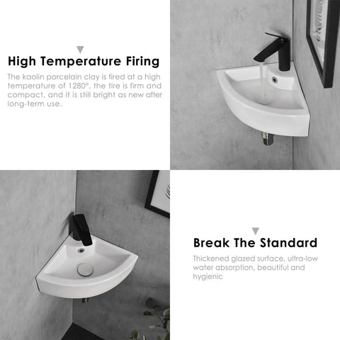 Modern corner wall-mount sink with black faucet, illustrating high temperature firing and thick glazed surface benefits.