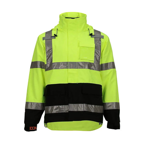 Icon 3.1 Hi Vis Jacket With Phase 1 Black Fleece Liner, Attached Hood, Large, Fluorescent Yellow Green, 2 Inch Reflective Tape