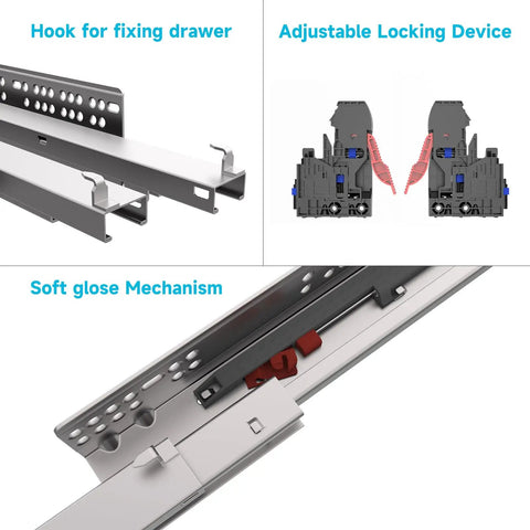 22 Inch Undermount Soft Close Drawer Slides Full Extension, 6 Pairs for 6 Drawers, 5/8 Inch Panel Compatible, Heavy Duty Cold Rolled Steel Construction, Smooth Quiet Operation; soft-close locking mechanism