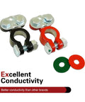 Top Post Battery Terminal Connectors Color Coded Set With Anti Corrosion Felts For Car Boat Camper Heavy Duty Aluminum Cables, black and red.