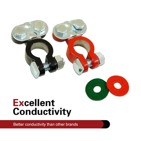 Top Post Battery Terminal Connectors Color Coded Set With Anti Corrosion Felts For Car Boat Camper Heavy Duty Aluminum Cables, black and red.