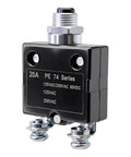 Heavy Duty 20 Amp Circuit Breaker And Overload Protector For Electrical Panels, solid state black unit with thermal fuse details.