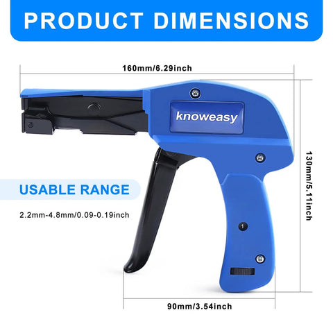 Heavy Duty Die Cast Steel Zip Tie Gun With Flush Cut Cutter 7 Inch Nylon Cable Tie Tool, blue, with dimensions displayed.